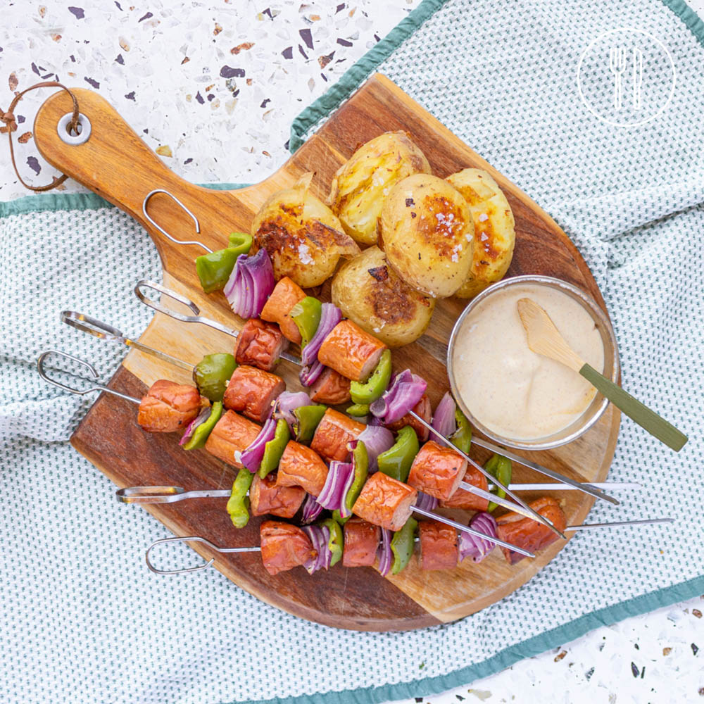 Kransky Sausage Skewers with Squashed Potatoes