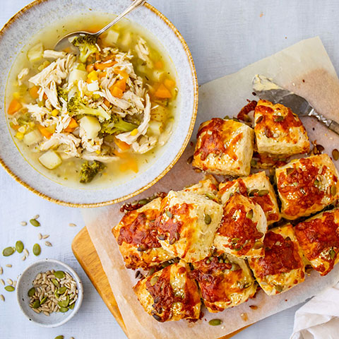 Farmhouse Chicken Soup with Cheesy Scones